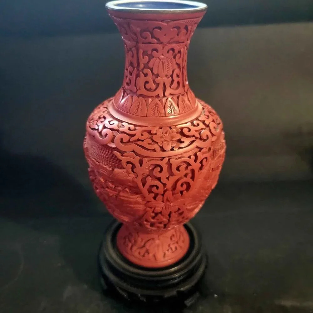 Vintage Chinese Carved Cinnabar Lacquer Vase Dating To The Mid-20th Century